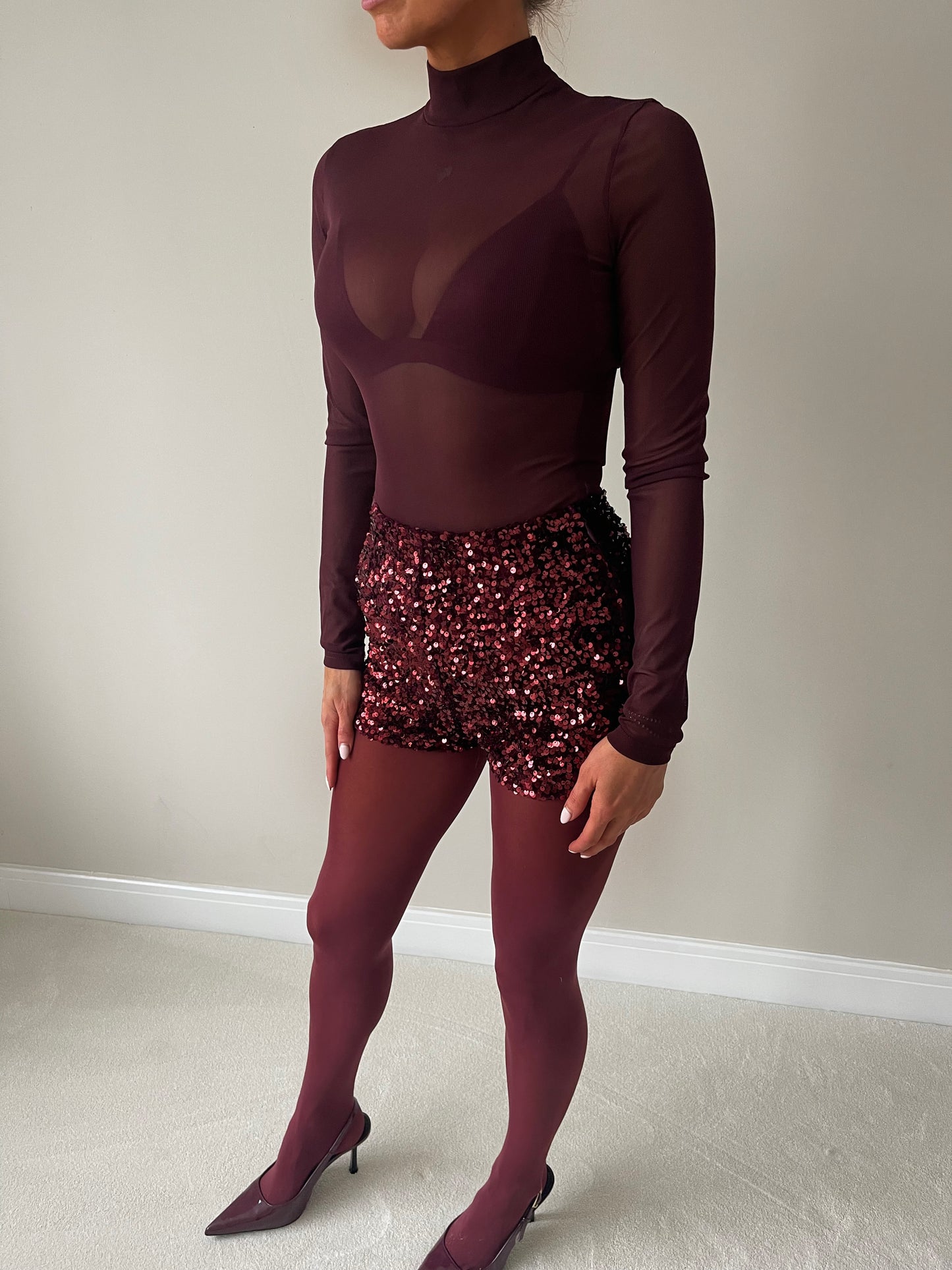 High Neck Mesh Bodysuit & Satin Bralet (Burgundy)