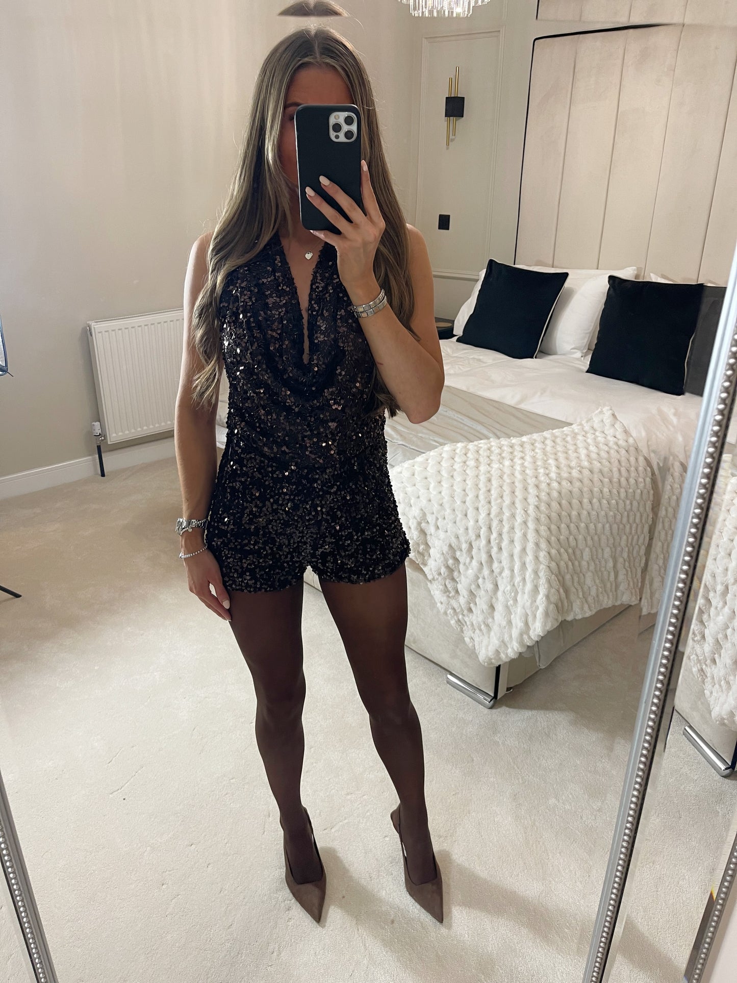 Brown Cowl Neck Sequin Top