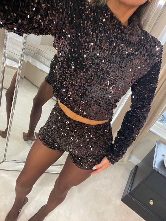 Brown Long Sleeve Sequin Top