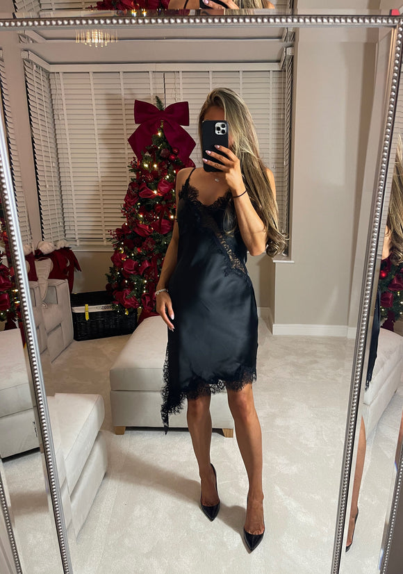 Satin Lace Black Dress
