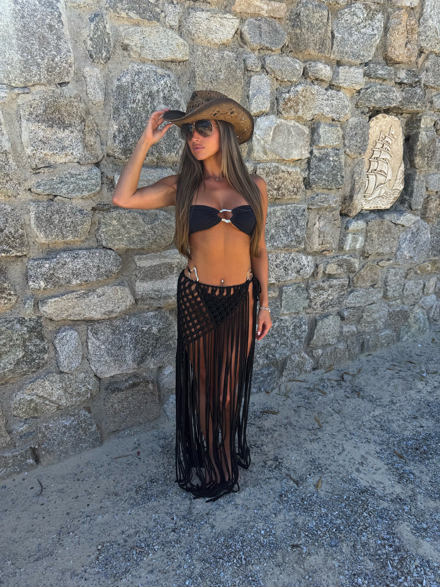 Black hand crochet tassel beach skirt