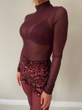 High Neck Mesh Bodysuit & Satin Bralet (Burgundy)