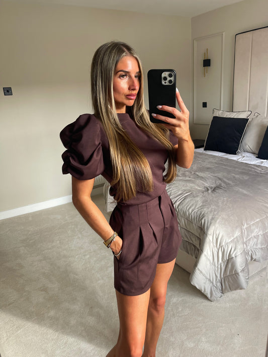 Ruffle Short CO ORD (Brown)