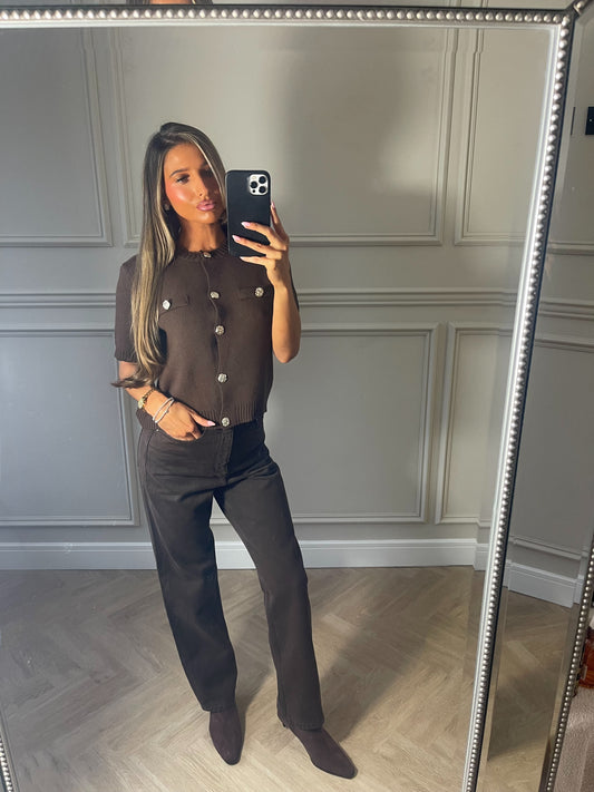 Brown cropped sleeve jumper with gold buttons