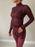 High Neck Mesh Bodysuit & Satin Bralet (Burgundy)